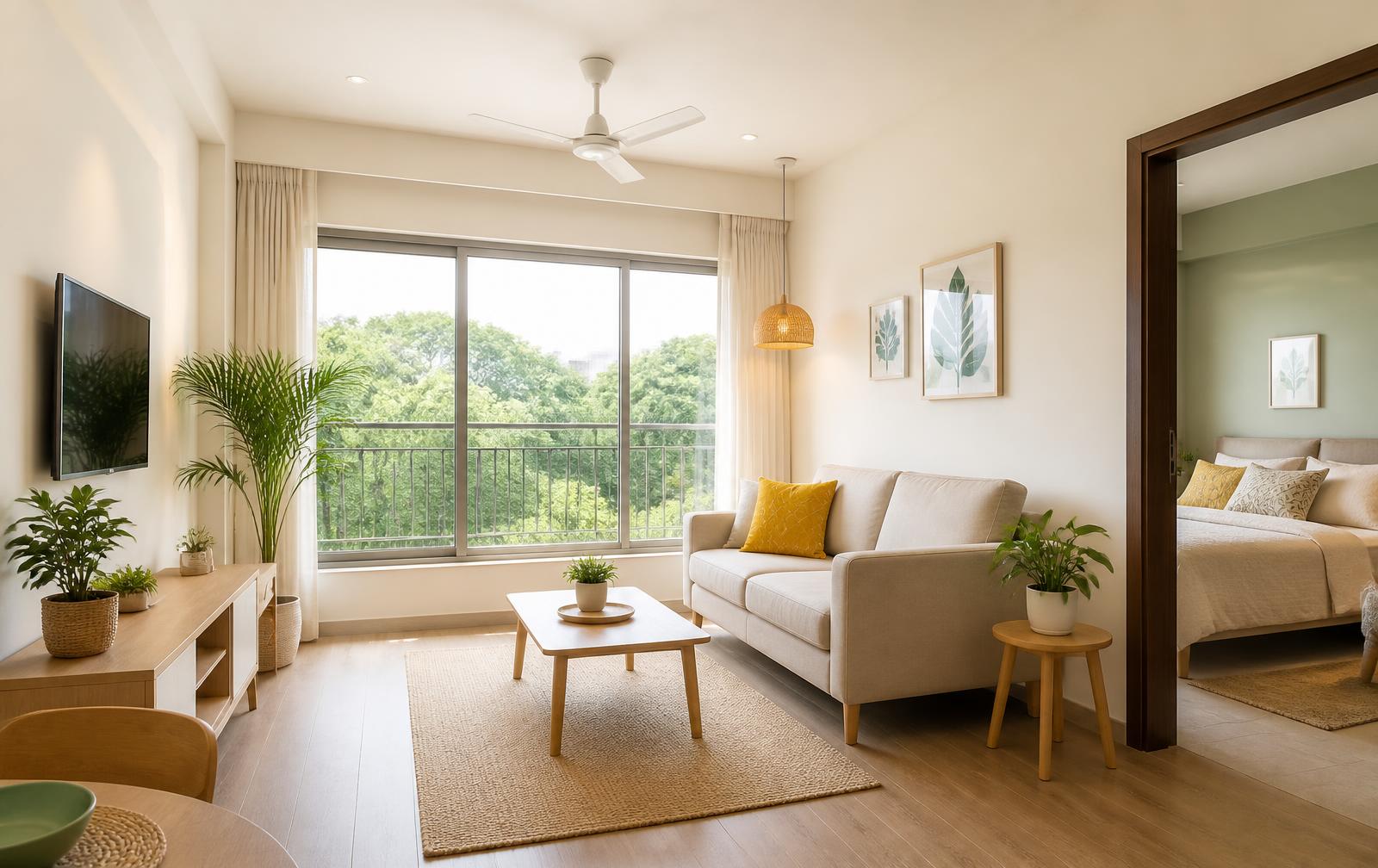 Bright, sunlit 1 BHK living room with balcony and plants in HSR Layout